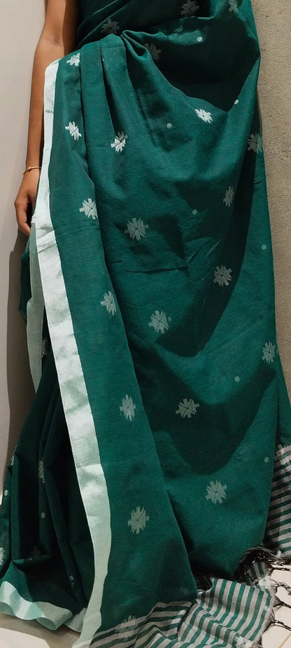 DARK GREEN- KHADI COTTON SAREE WITH THREAD WOVEN FLORAL BUTTAS AND SIMPLE BORDER