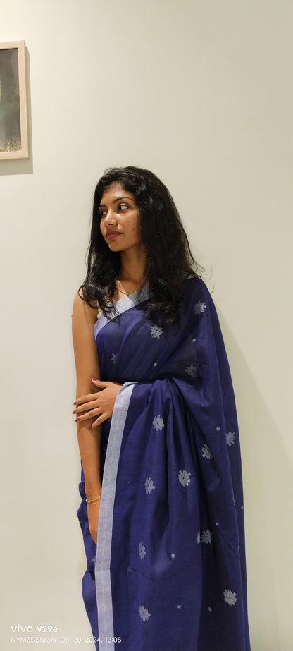 NAVY BLUE-KHADI COTTON SAREE WITH THREAD WOVEN FLORAL BUTTAS AND SIMPLE BORDER