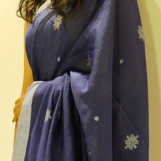 NAVY BLUE-KHADI COTTON SAREE WITH THREAD WOVEN FLORAL BUTTAS AND SIMPLE BORDER