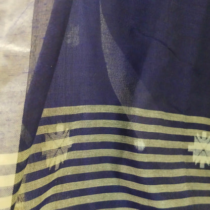 NAVY BLUE-KHADI COTTON SAREE WITH THREAD WOVEN FLORAL BUTTAS AND SIMPLE BORDER