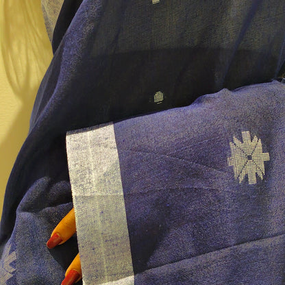 NAVY BLUE-KHADI COTTON SAREE WITH THREAD WOVEN FLORAL BUTTAS AND SIMPLE BORDER