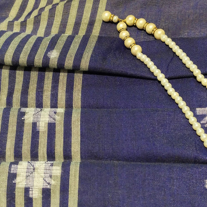 NAVY BLUE-KHADI COTTON SAREE WITH THREAD WOVEN FLORAL BUTTAS AND SIMPLE BORDER