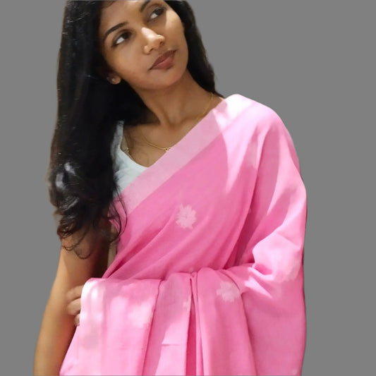 PINK KHADI COTTON SAREE WITH THREAD WOVEN FLORAL BUTTAS AND SIMPLE BORDER