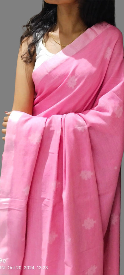 PINK KHADI COTTON SAREE WITH THREAD WOVEN FLORAL BUTTAS AND SIMPLE BORDER