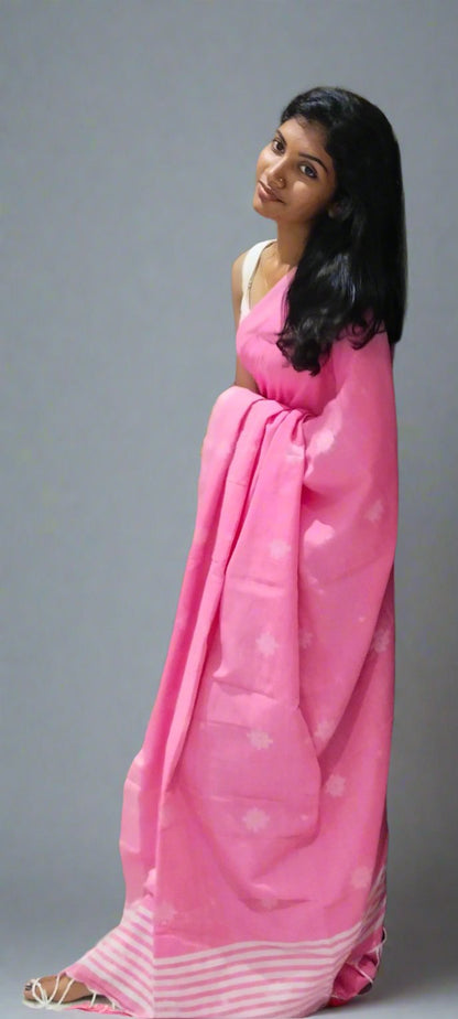 PINK KHADI COTTON SAREE WITH THREAD WOVEN FLORAL BUTTAS AND SIMPLE BORDER