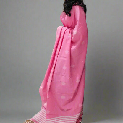 PINK KHADI COTTON SAREE WITH THREAD WOVEN FLORAL BUTTAS AND SIMPLE BORDER
