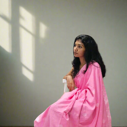PINK KHADI COTTON SAREE WITH THREAD WOVEN FLORAL BUTTAS AND SIMPLE BORDER