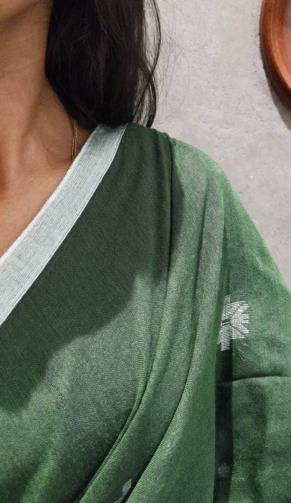 EMERALD GREEN-KHADI COTTON SAREE WITH THREAD WOVEN FLORAL BUTTAS AND SIMPLE BORDER