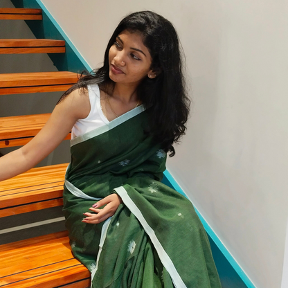 EMERALD GREEN-KHADI COTTON SAREE WITH THREAD WOVEN FLORAL BUTTAS AND SIMPLE BORDER