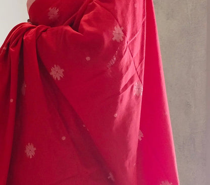 RED- KHADI COTTON SAREE WITH THREAD WOVEN FLORAL BUTTAS AND SIMPLE BORDER