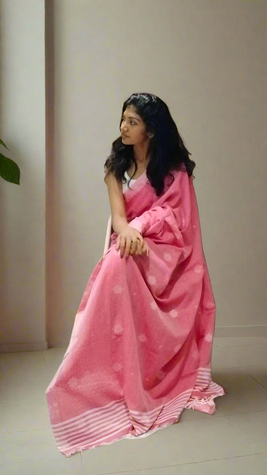 PLUM PINK KHADI COTTON SAREE WITH THREAD WOVEN FLORAL BUTTAS AND SIMPLE BORDER
