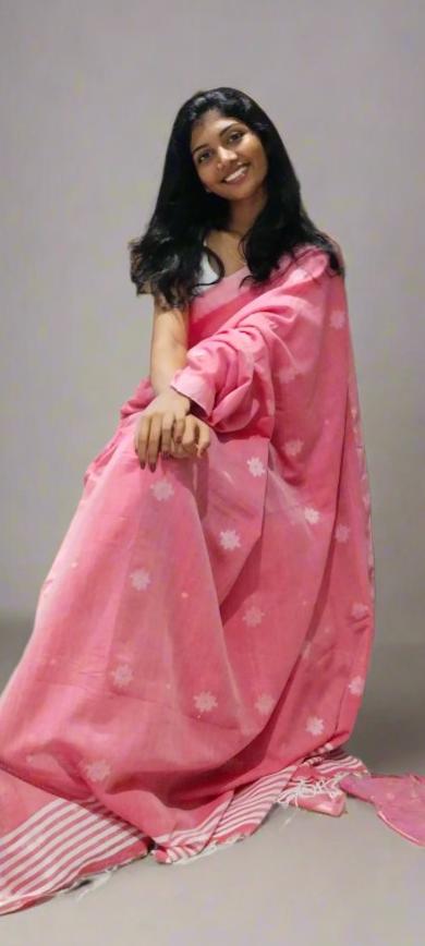 PLUM PINK KHADI COTTON SAREE WITH THREAD WOVEN FLORAL BUTTAS AND SIMPLE BORDER