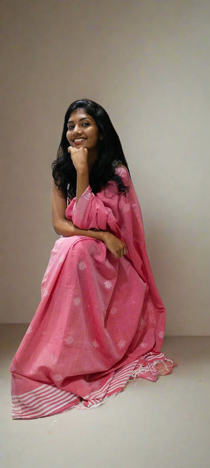 PLUM PINK KHADI COTTON SAREE WITH THREAD WOVEN FLORAL BUTTAS AND SIMPLE BORDER