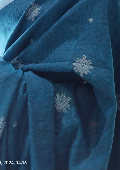 DEEP BLUE-KHADI COTTON SAREE WITH THREAD WOVEN FLORAL BUTTAS AND SIMPLE BORDER