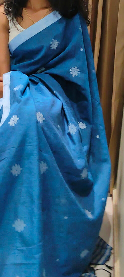 DEEP BLUE-KHADI COTTON SAREE WITH THREAD WOVEN FLORAL BUTTAS AND SIMPLE BORDER