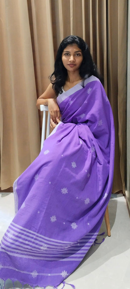 PURPLE-KHADI COTTON SAREE WITH THREAD WOVEN FLORAL BUTTAS AND SIMPLE BORDER