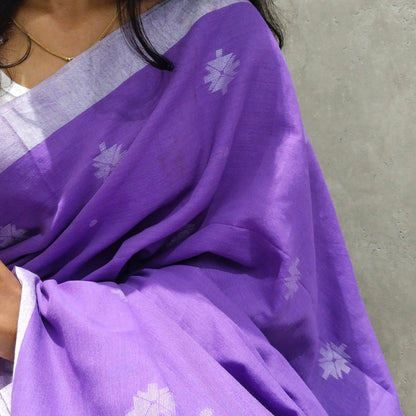 PURPLE-KHADI COTTON SAREE WITH THREAD WOVEN FLORAL BUTTAS AND SIMPLE BORDER