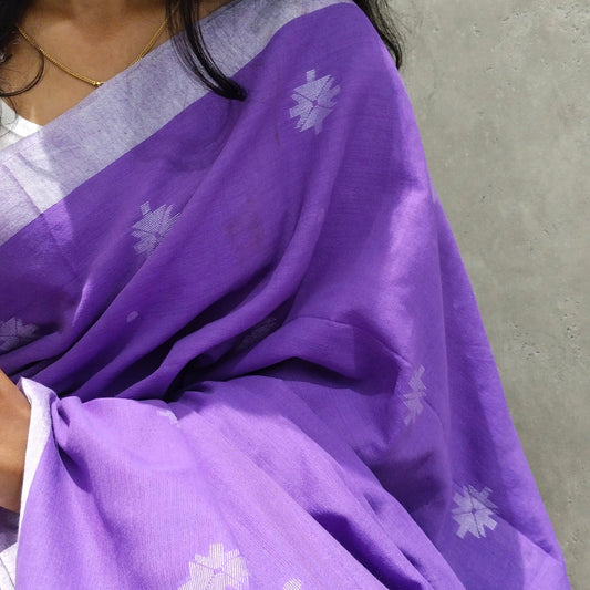 PURPLE-KHADI COTTON SAREE WITH THREAD WOVEN FLORAL BUTTAS AND SIMPLE BORDER
