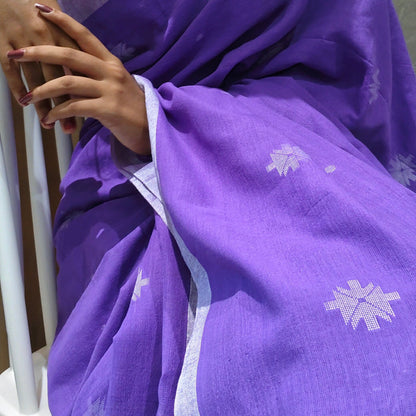 PURPLE-KHADI COTTON SAREE WITH THREAD WOVEN FLORAL BUTTAS AND SIMPLE BORDER