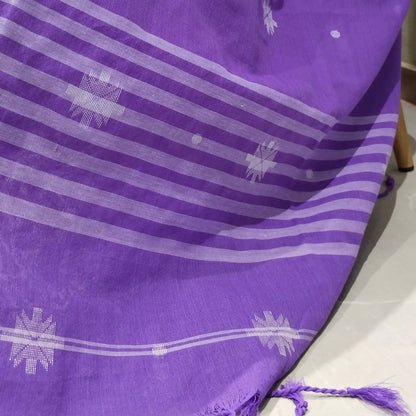 PURPLE-KHADI COTTON SAREE WITH THREAD WOVEN FLORAL BUTTAS AND SIMPLE BORDER