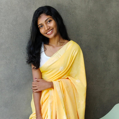 YELLOW- KHADI COTTON SAREE WITH THREAD WOVEN FLORAL BUTTAS AND SIMPLE BORDER
