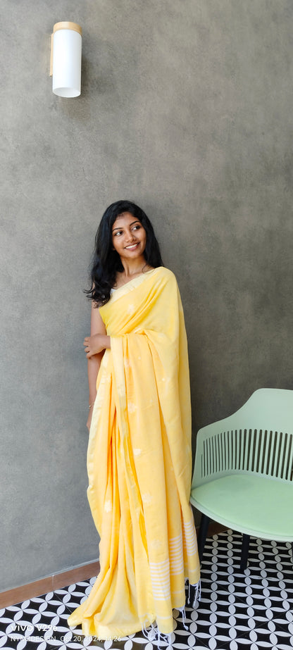 YELLOW- KHADI COTTON SAREE WITH THREAD WOVEN FLORAL BUTTAS AND SIMPLE BORDER