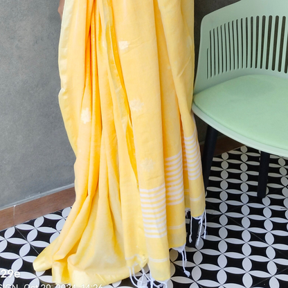 YELLOW- KHADI COTTON SAREE WITH THREAD WOVEN FLORAL BUTTAS AND SIMPLE BORDER
