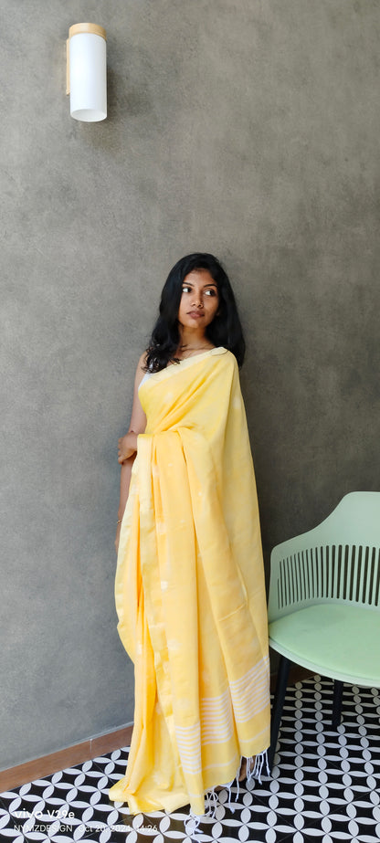 YELLOW- KHADI COTTON SAREE WITH THREAD WOVEN FLORAL BUTTAS AND SIMPLE BORDER