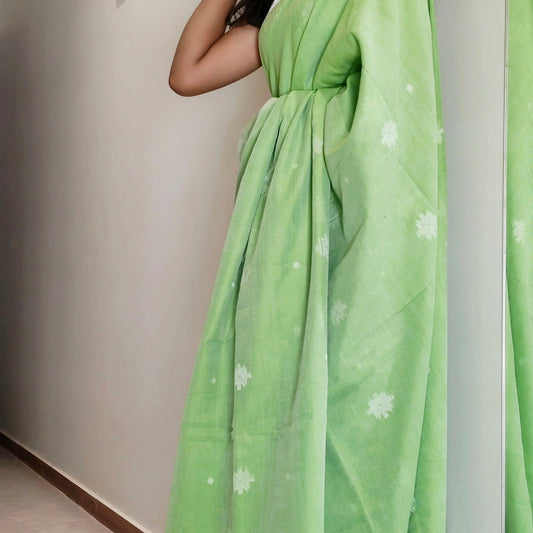 LIGHT GREEN- KHADI COTTON SAREE WITH THREAD WOVEN FLORAL BUTTAS AND SIMPLE BORDER