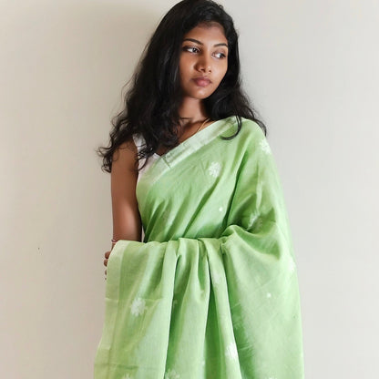 LIGHT GREEN- KHADI COTTON SAREE WITH THREAD WOVEN FLORAL BUTTAS AND SIMPLE BORDER