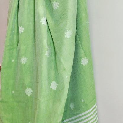 LIGHT GREEN- KHADI COTTON SAREE WITH THREAD WOVEN FLORAL BUTTAS AND SIMPLE BORDER