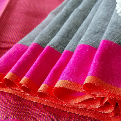 GREY PLAIN LINEN SAREE WITH ORANGE AND PINK BORDER AND CONTRAST PALLU