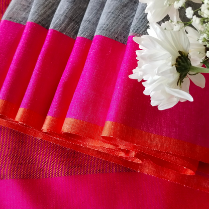 GREY PLAIN LINEN SAREE WITH ORANGE AND PINK BORDER AND CONTRAST PALLU