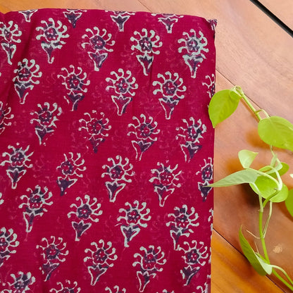 BAGRU HAND BLOCK PRINTED MAROON COTTON LINEN  SAREE