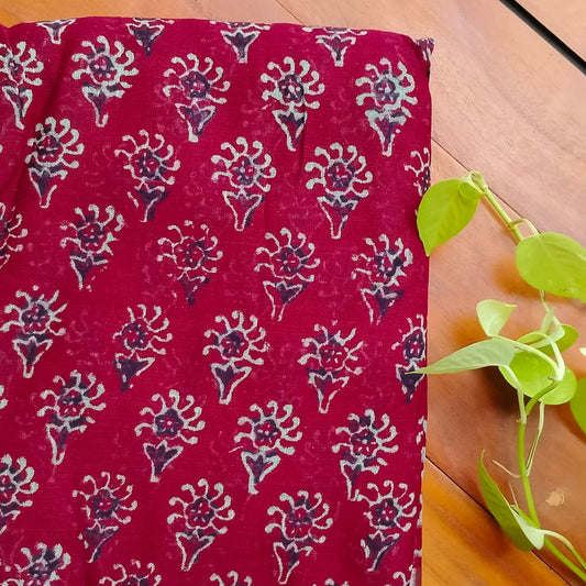 BAGRU HAND BLOCK PRINTED MAROON COTTON LINEN  SAREE