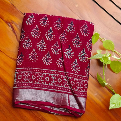 BAGRU HAND BLOCK PRINTED MAROON COTTON LINEN  SAREE