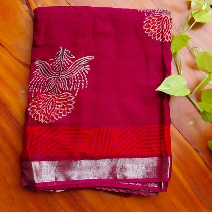 BAGRU HAND BLOCK PRINTED MAROON COTTON LINEN  SAREE