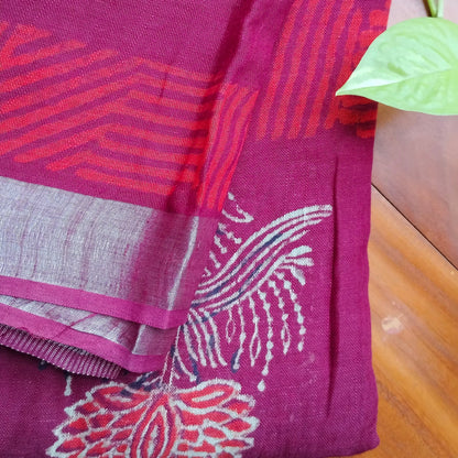 BAGRU HAND BLOCK PRINTED MAROON COTTON LINEN  SAREE