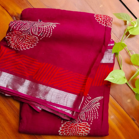 BAGRU HAND BLOCK PRINTED MAROON COTTON LINEN  SAREE