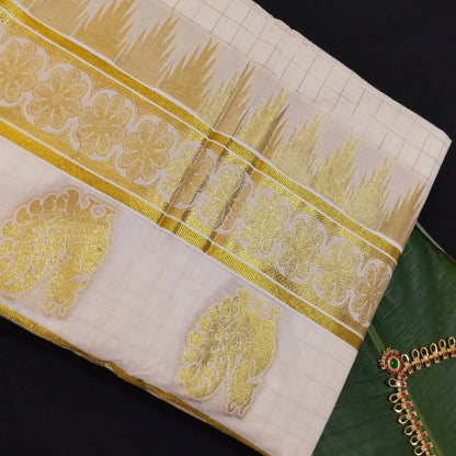 HANDLOOM KERALA COTTON KASAVU SAREE WITH CHECK DESIGN
