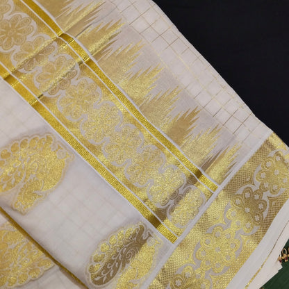 HANDLOOM KERALA COTTON KASAVU SAREE WITH CHECK DESIGN