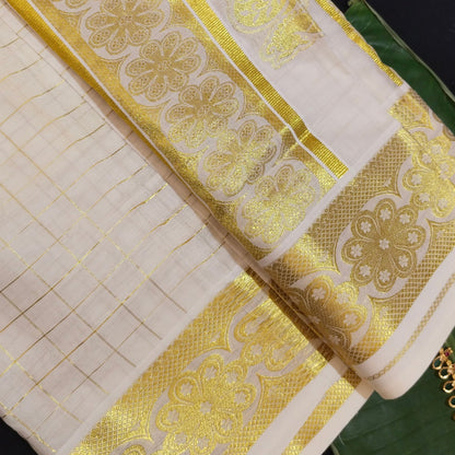 HANDLOOM KERALA COTTON KASAVU SAREE WITH CHECK DESIGN