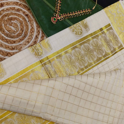 HANDLOOM KERALA COTTON KASAVU SAREE WITH CHECK DESIGN