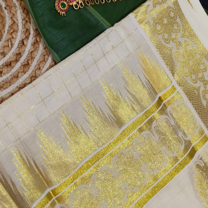 HANDLOOM KERALA COTTON KASAVU SAREE WITH CHECK DESIGN