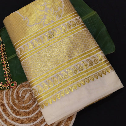 Handloom Kerala Saree with Kasavu Leaf Woven Designs
