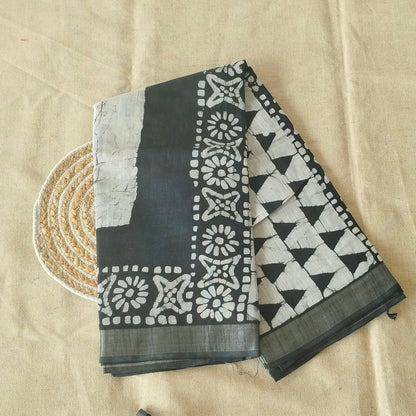BAGRU HAND BLOCK PRINTED BLACK AND WHITE COTTON LINEN  SAREE