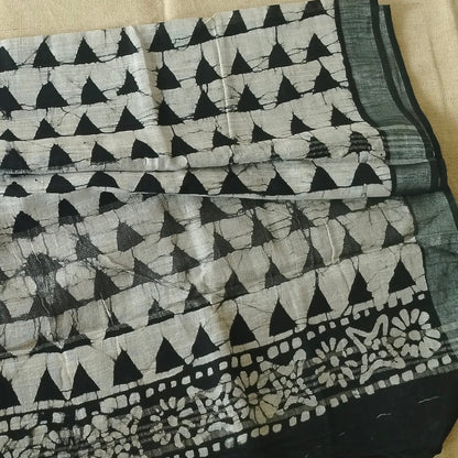 BAGRU HAND BLOCK PRINTED BLACK AND WHITE COTTON LINEN  SAREE