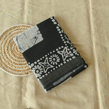 BAGRU HAND BLOCK PRINTED BLACK AND WHITE COTTON LINEN  SAREE