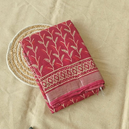 BAGRU HAND BLOCK PRINTED MAROON COTTON LINEN  SAREE,FLORAL PRINTS