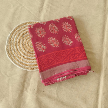 BAGRU HAND BLOCK PRINTED MAROON COTTON LINEN  SAREE,FLORAL PRINTS